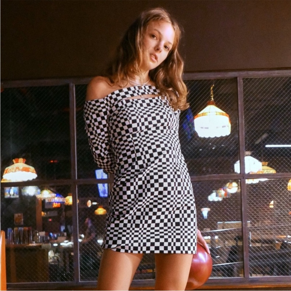 NWT ZARA BLACK WHITE MONOCHROME CHECKERED PATTERN LONG SLEEVE MINI DRESS SMALL